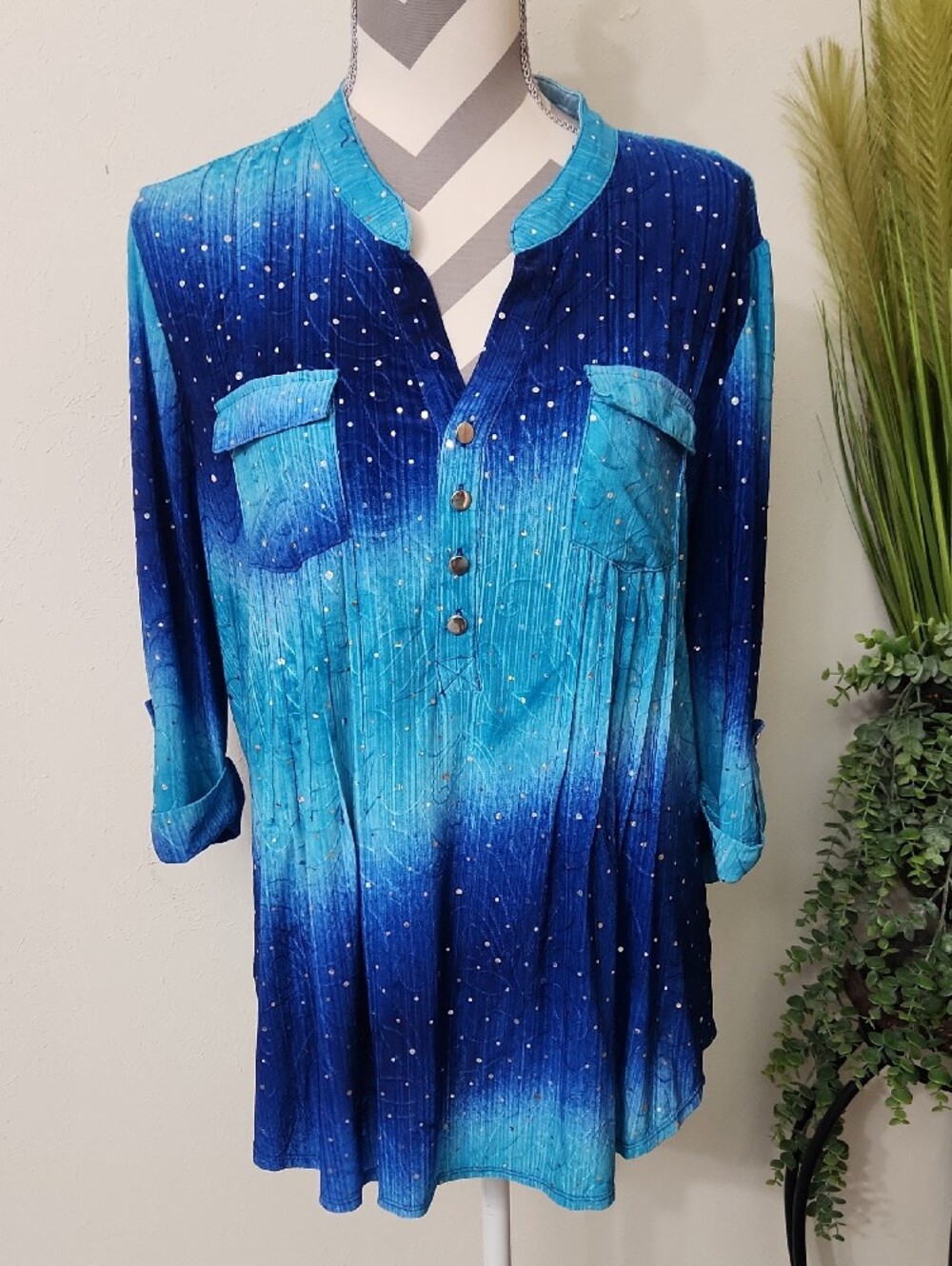 Cocomo Blue Ombre Button-Pocket Blouse Top